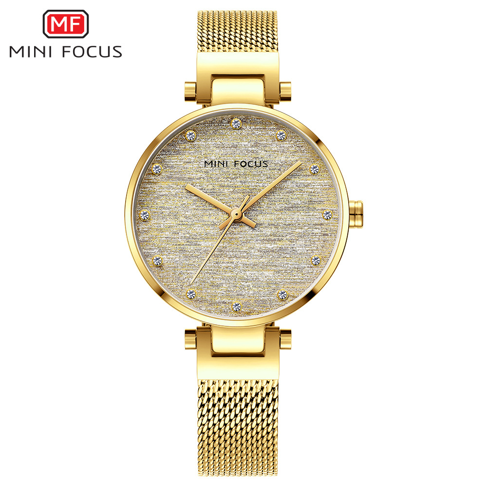 MINI FOCUS Brand Women's Watch Light Luxury Silk Dial Japanese Movement Diamond Waterproof Milan Mesh Band 0328L