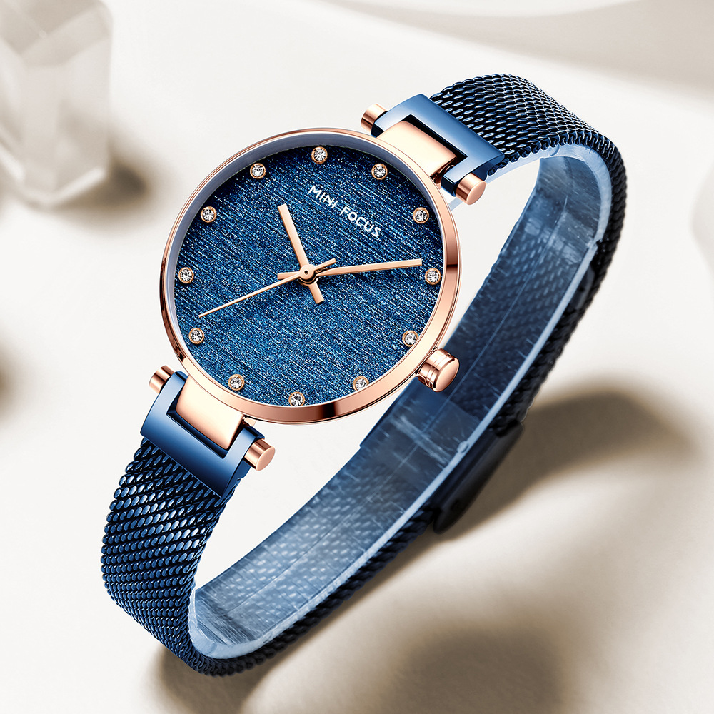 MINI FOCUS Brand Women's Watch Light Luxury Silk Dial Japanese Movement Diamond Waterproof Milan Mesh Band 0328L