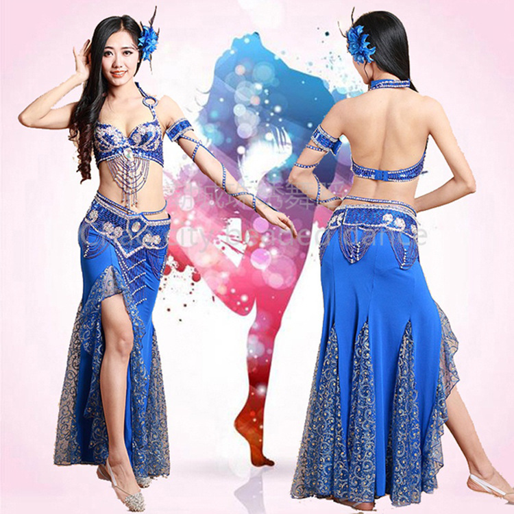 2024 Adult Female Belly Dance Costume Indian Dance Skirt Sequined Bra European and American Performance Set Performance Clothing