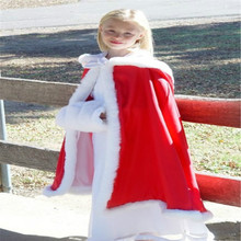 跨境新款圣诞节儿童披风人造毛包边斗篷红色酒红色冬季保暖风衣女