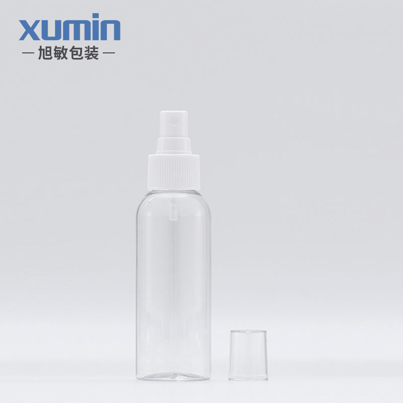 En stock 100ml de hombro redondo transparente botella de rocío puro blanco rayado botella de spray de tóner botella de spray de sub-embalaje Xumin material de embalaje
