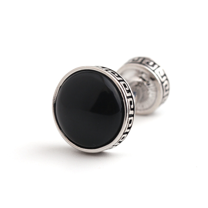 Gemelli rotondi a doppia testa con occhio di gatto nero, gemelli con gemma oliata e vernice da forno_voghion.com