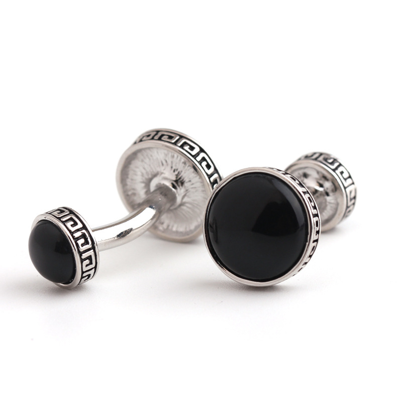 Gemelli rotondi a doppia testa con occhio di gatto nero, gemelli con gemma oliata e vernice da forno_voghion.com