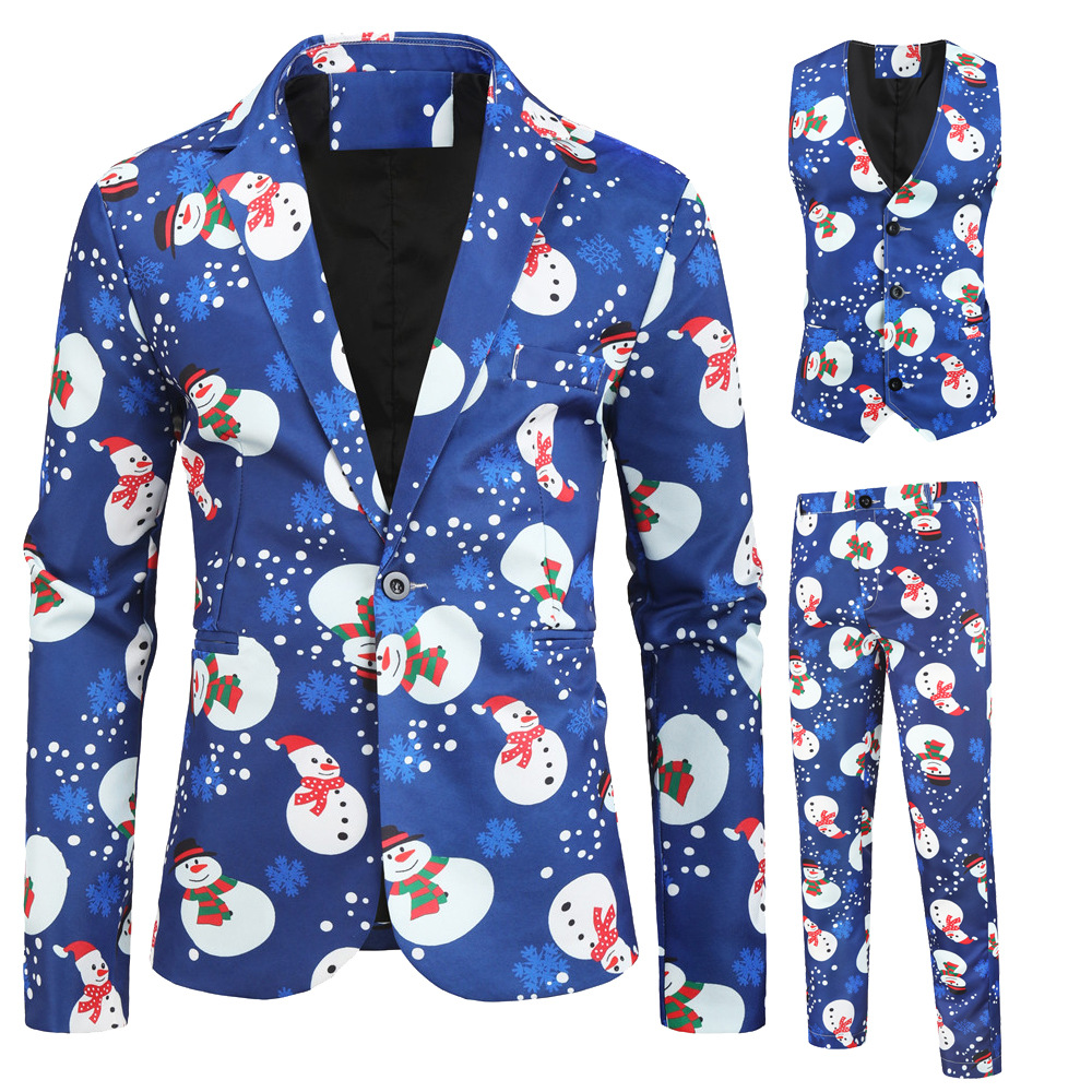 New Foreign Trade Men's Casual Three-Piece Suit Christmas Print Suit European Size Halloween Dress Suit