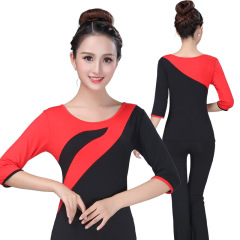 Square Dance Top with Color Block Round Neck Short Sleeve Dance Costume for Women Modal Dancing Clothes