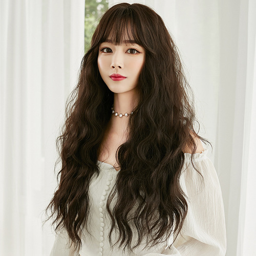 Popular Korean version of long curly hair internet celebrity wool curly hair cover air bangs corn perm wig full head cover wholesale
