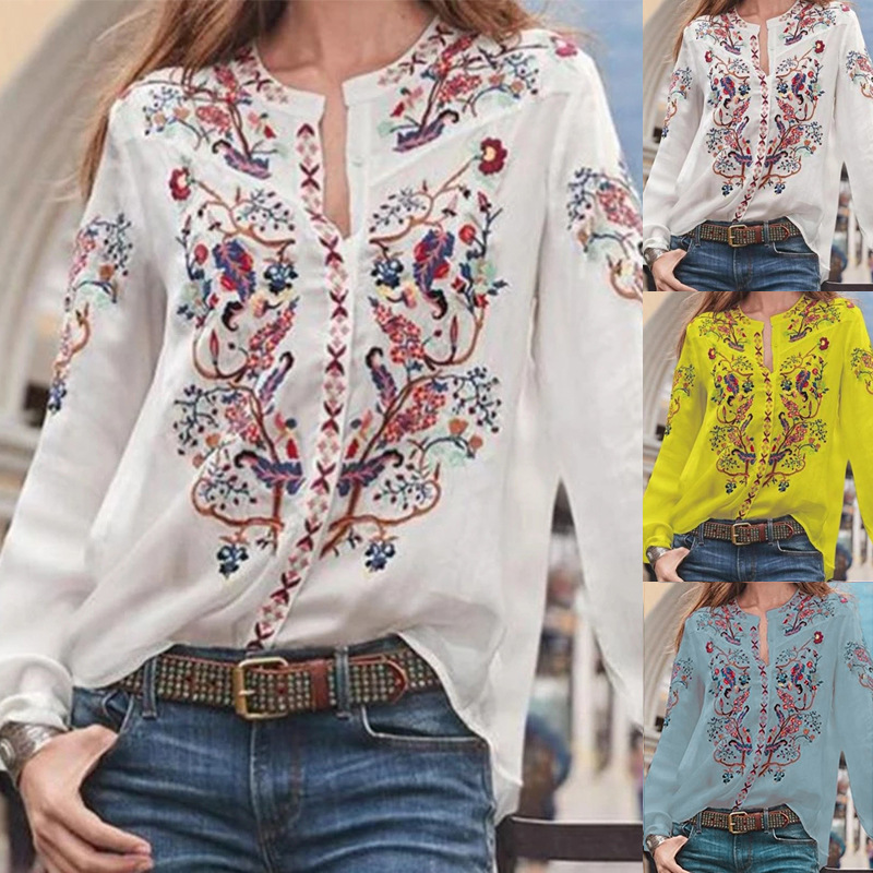 Spot European and American New Women's Clothing Cross-Border Ebay Popular Loose Cardigan Printed Long-Sleeved Shirt Top Om9193