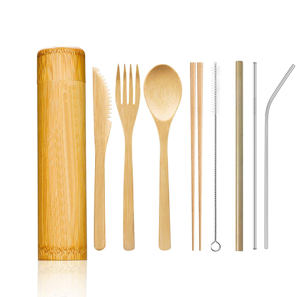 Cuchillo, tenedor y cuchara de bambú de Amazon, vajilla de bambú, caja de regalo de almacenamiento de tubos de bambú, vajilla portátil de bambú personalizada en tubo de regalo