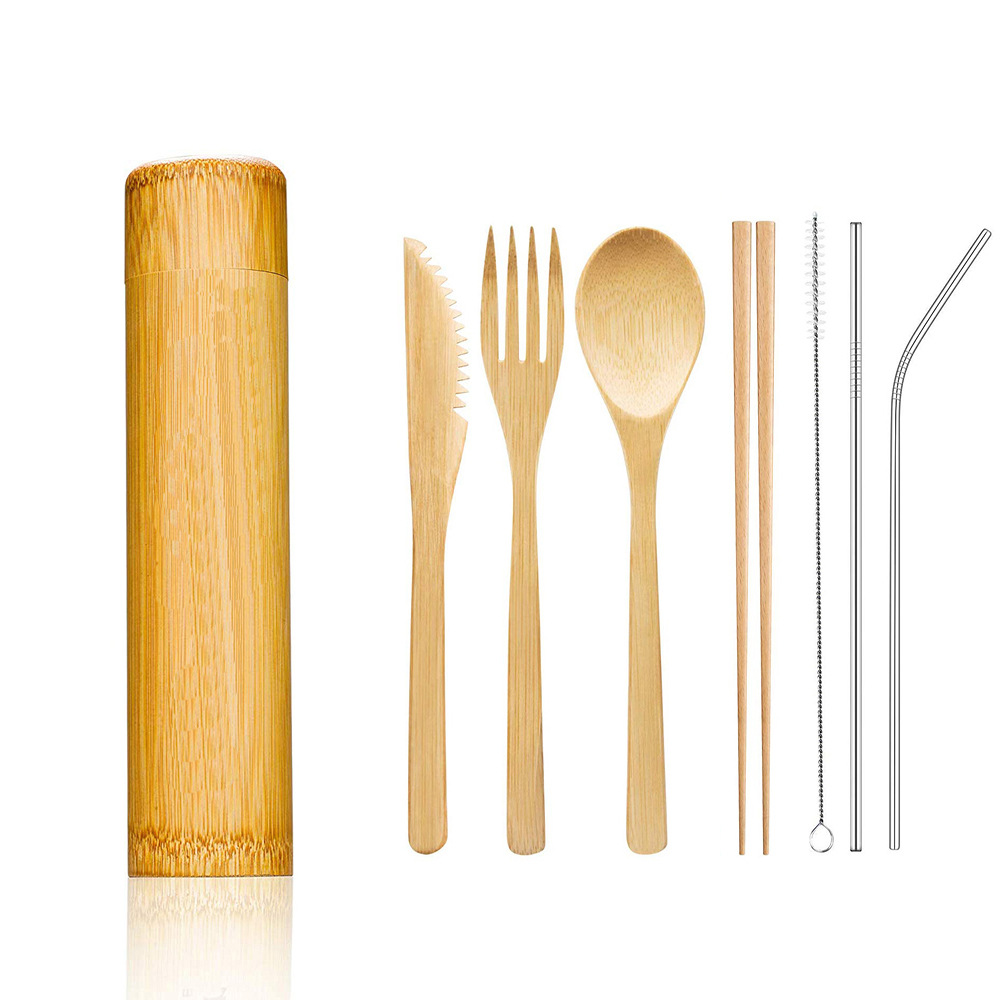 Cuchillo, tenedor y cuchara de bambú de Amazon, vajilla de bambú, caja de regalo de almacenamiento de tubos de bambú, vajilla portátil de bambú personalizada en tubo de regalo