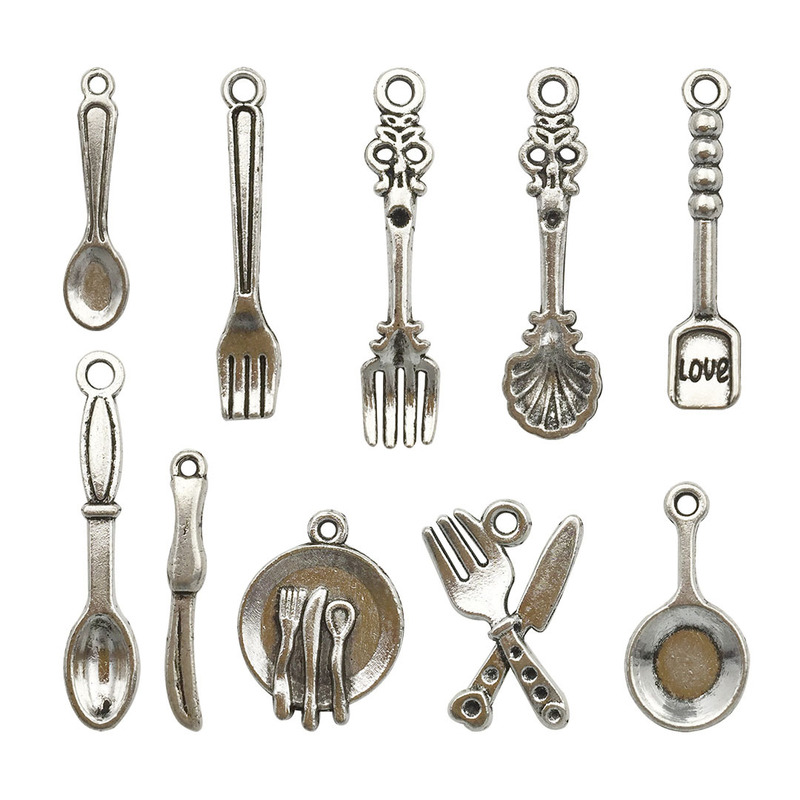 Set of 100 Antique Silver Cutlery, Spoons, Forks, Plates, Pendants, DIY Jewelry Accessories, Necklaces, Bracelets, Earrings, Pendants