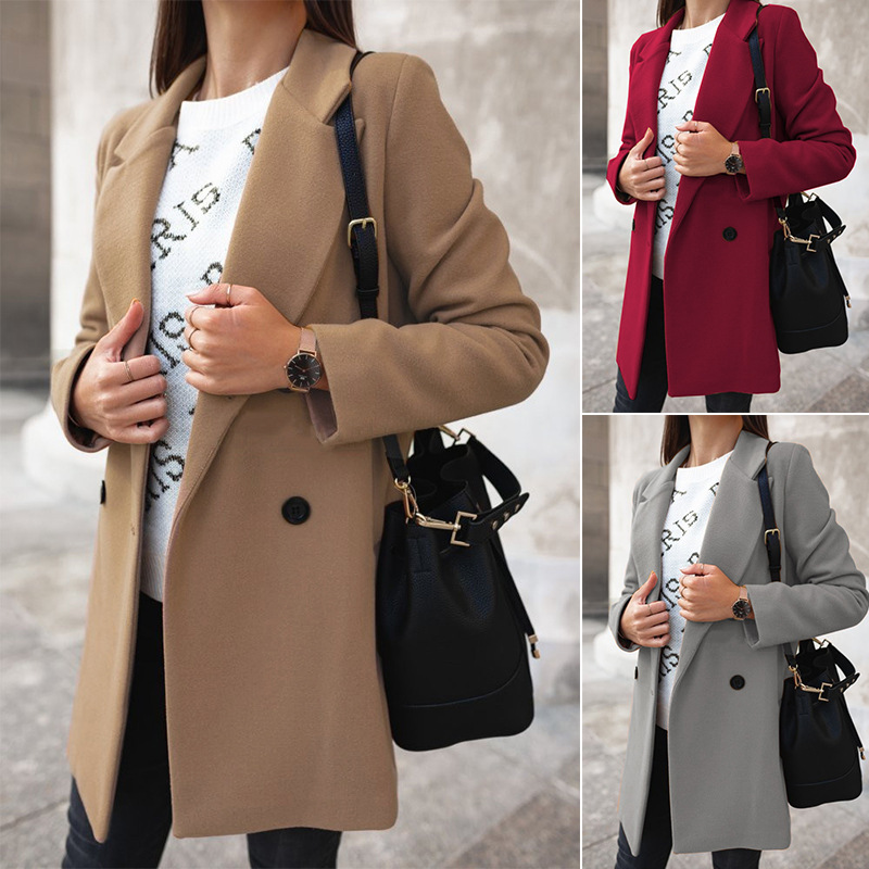 2026Ebay Amazon Wish Autumn and Winter Pure Color Long-Sleeved Double-Breasted Suit Collar Woolen Outwear for Women