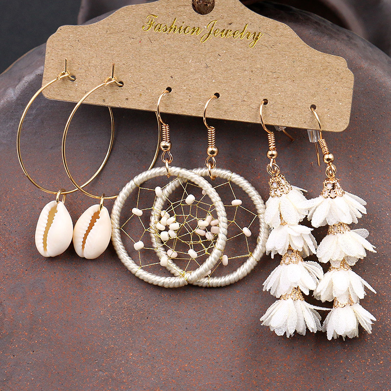 3-piece earrings suit Korean style creative personality Golden Shell dream catcher flower earrings accessories cross-border hot sale
