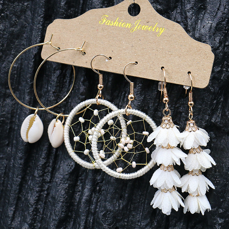 3-piece earrings suit Korean style creative personality Golden Shell dream catcher flower earrings accessories cross-border hot sale