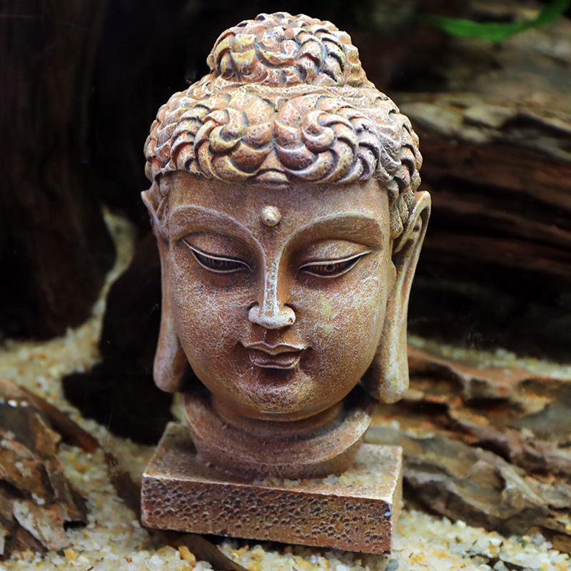 Tanque de peces feng shui paisaje Zen antigua estatua de Buda serie acuario resina decoración piedra rocalla estatua sueño cabeza de Buda adornos