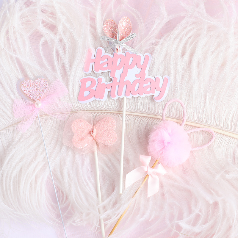 Baking Cake Decoration ins Style Small Fresh and MengMeng Rabbit Ear hb Mesh Bow Plug-in Birthday Cake Plug-in