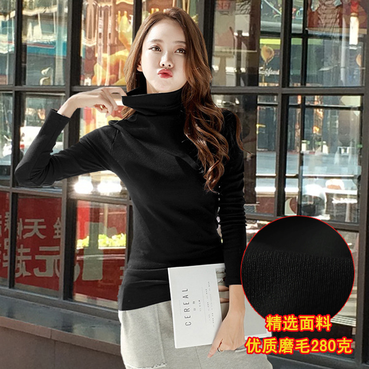 하이 칼라 샌딩 기모 두꺼운 순면 티셔츠 긴팔 베이스 셔츠 여성용 가을과 겨울 칼라 슬림핏 모든 매치 내부 탑