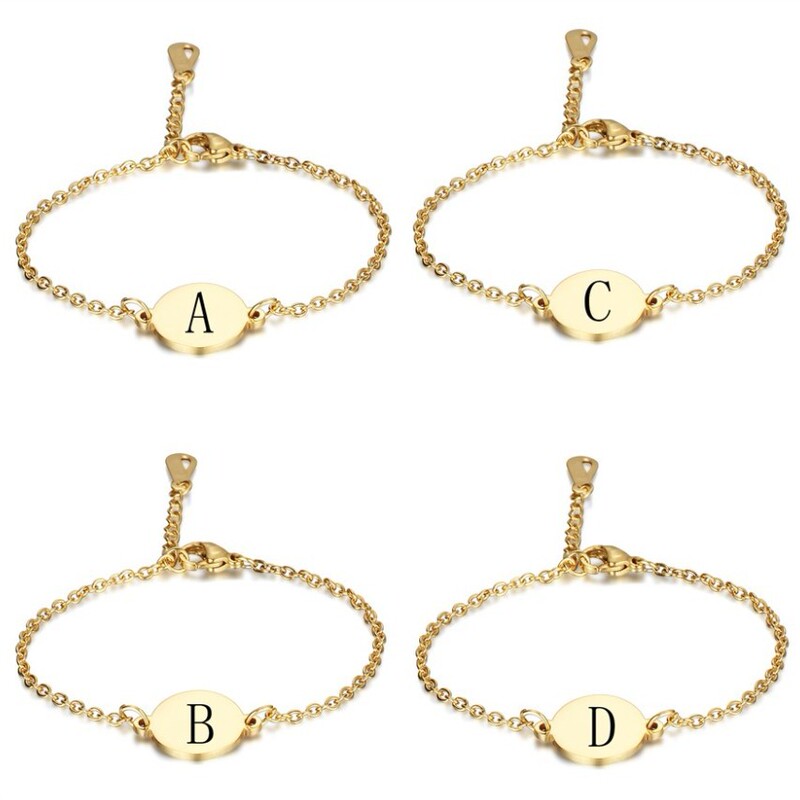 Round Stainless Steel 26 English Letter Bracelet Gold Carved Titanium Steel Letter Bracelet Women Fashion Jewelry