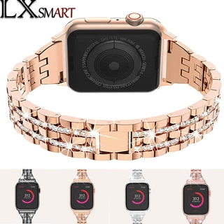 适用苹果镶钻金属表带apple watch9五珠五排水钻不锈钢表带 ultra