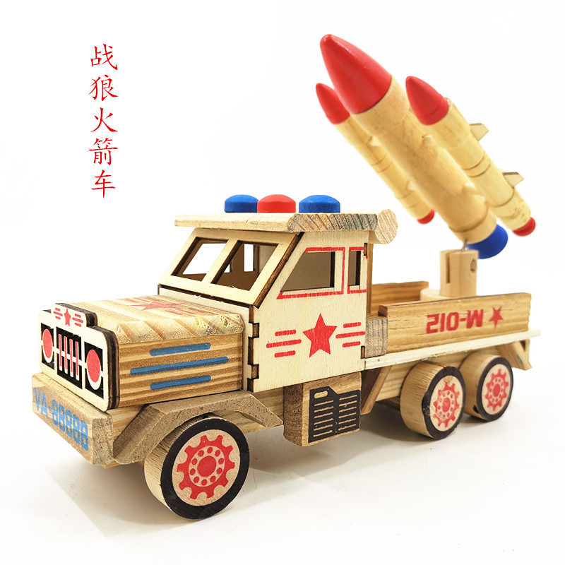 Wooden Rocket Car Model Toys Wooden Wolf Warriors Car Toys Children Simulation Military Car Model Wholesale