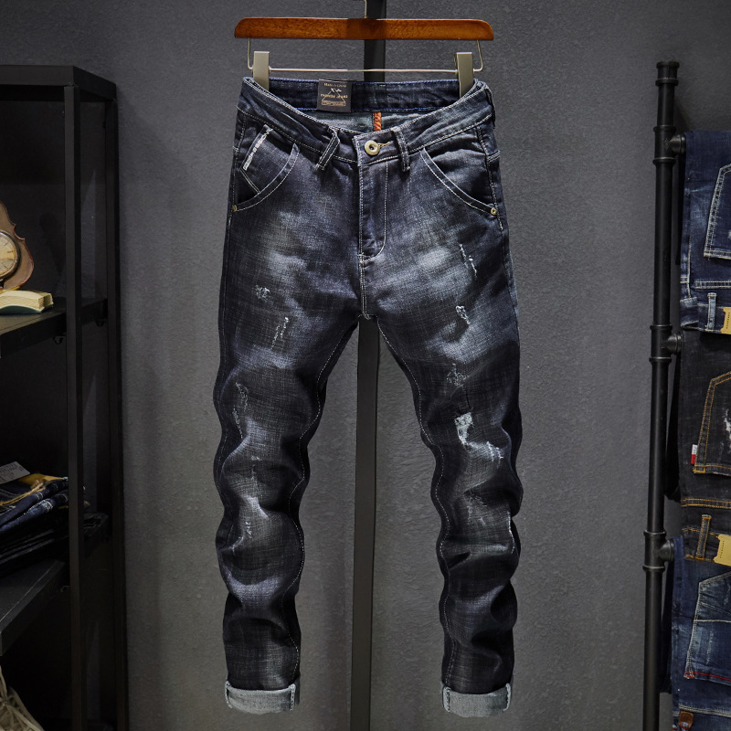 Cross-border Stretch Jeans New Arrival Men's Trendy All-match Korean Style Stretch Slim-fit Ripped Jeans