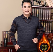 中年加绒加厚毛衣男中老年男装假两件体恤衫爸爸冬装针织保暖上衣