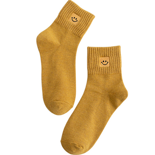 Spring and Autumn Mid-calf Socks for Women Casual Long Breathable Women's Solid Color Cotton Socks Smiley Face Embroidery Zhuji Women's Socks Wholesale