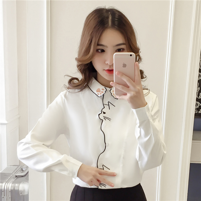 Cat Embroidered White Shirt Women's Top Korean Loose Cute College Style polo Student Shirt Women Cat Embroidered White Shirt Women's Top Korean Loose Cute College Style polo Student Shirt Women