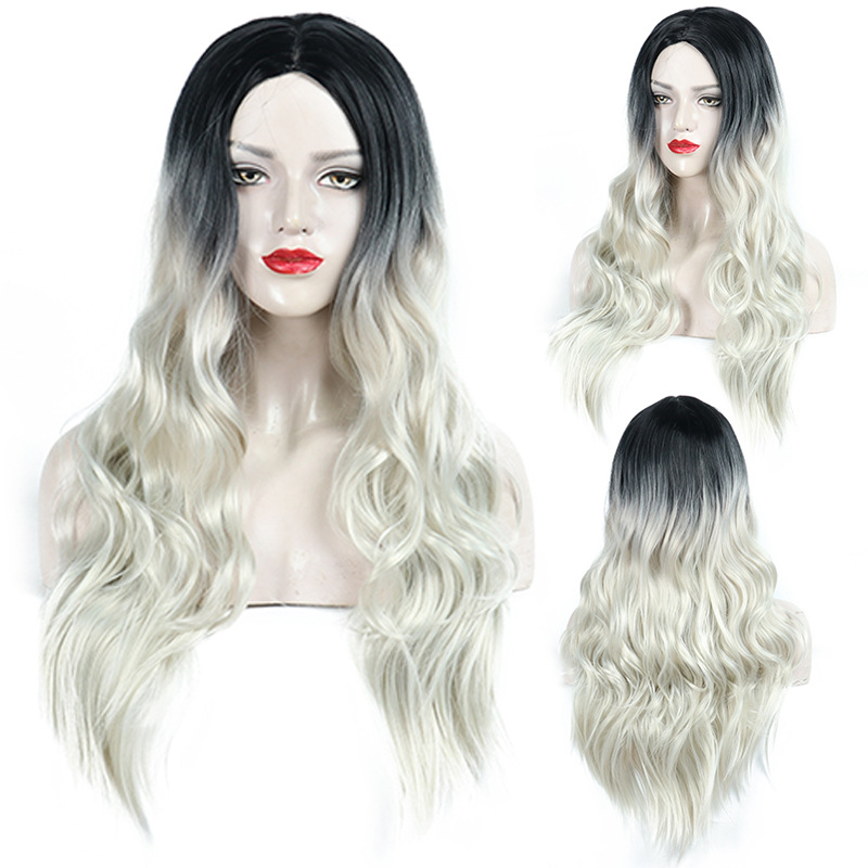 2022 European and American Foreign Trade Whole Wig Black Gradient Silver Long Curly Hair Wig Chemical Fiber Wig Headgear