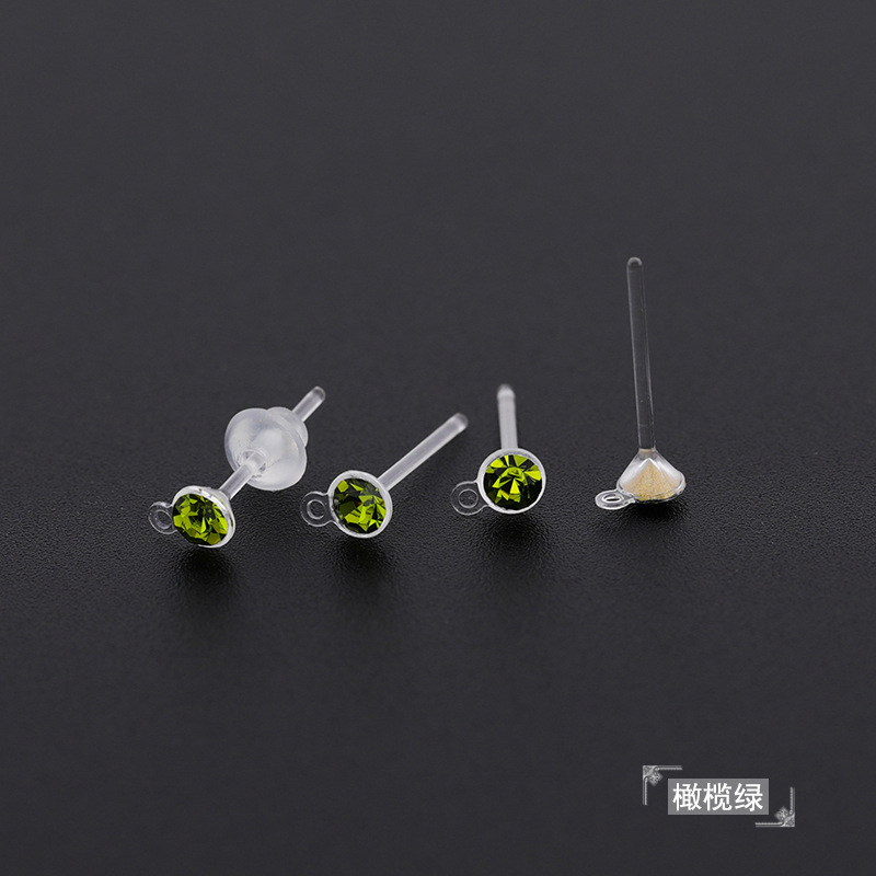 Pointed bottom with diamond cup earrings/olive green rhinestones (including mushroom ear plugs)