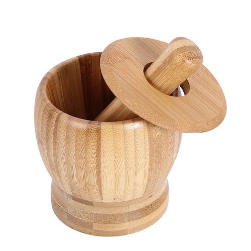 Bamboo garlic pounding jar household kitchen food stirrer garlic press creative garlic grinder with lid garlic pounder
