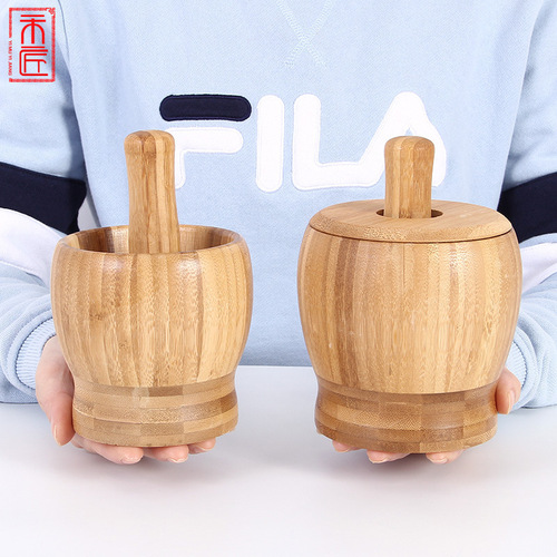 Bamboo garlic pounding jar household kitchen food stirrer garlic press creative garlic grinder with lid garlic pounder