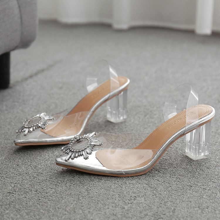 Sandalias para mujer, estilo verano 2026, con pedrería, sexys, transpirables, de tacón grueso y alto, de PVC, zapatos de mujer sexys