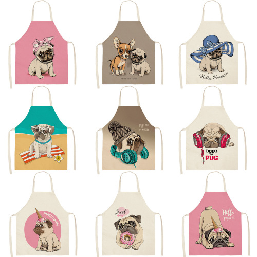 Cute cartoon apron with anime-inspired dog print, featuring a neck-strap design—perfect for home cooking in cozy cotton-linen fabric. Customizable with your own image; sleeveless style available.