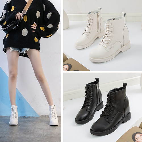  autumn and winter plus velvet inner heightening Martin boots for female students casual lace-up thick heel women's leather boots thick sole British style