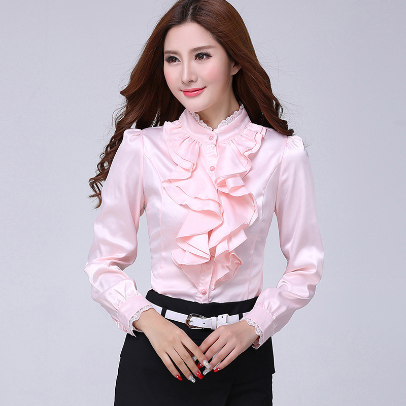 Spring and Autumn Long Sleeve Pink Shirt Women's Ruffled Stand Collar Elegant Temperament Workplace Interview Women's Tops Dropshipping