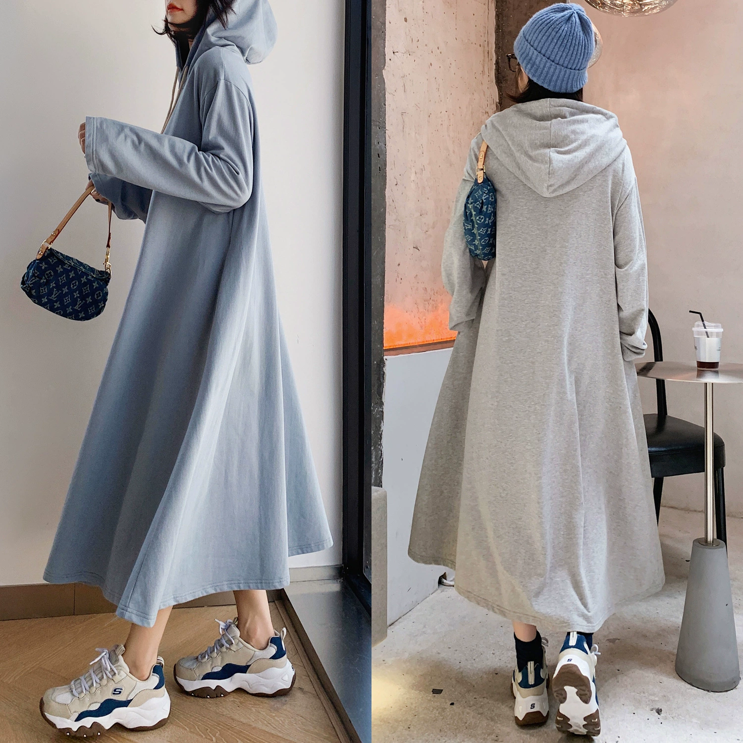 Осеннее Свободное длинное облегающее платье-свитер с капюшоном выше колена в Корейском стиле больших размеров для полных девочек, Повседневное платье
