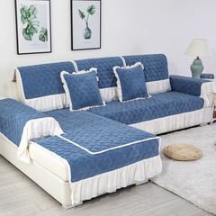 冬季墨綠純色毛絨蕾絲裙擺沙發墊 現代簡約客廳組合沙發坐墊套巾