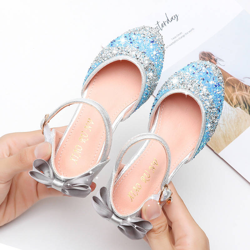 Girls High-Heeled Princess Shoes 2025 Summer Rhinestone Hollow Kidsren's Sandals Sequin Stripesd Primary School Shoes for Women