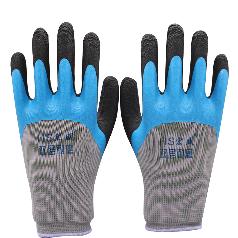 Hongsheng espuma de látex de goma de nylon inmersión resistente al desgaste antideslizante guantes de trabajo para el sitio de construcción al por mayor