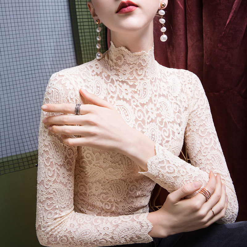 Autumn and Winter Turtleneck Lace Bottoming Shirt for Women, Fashionable and Sexy Velvet Thickeneded Elastic Winter Warm New Shirt