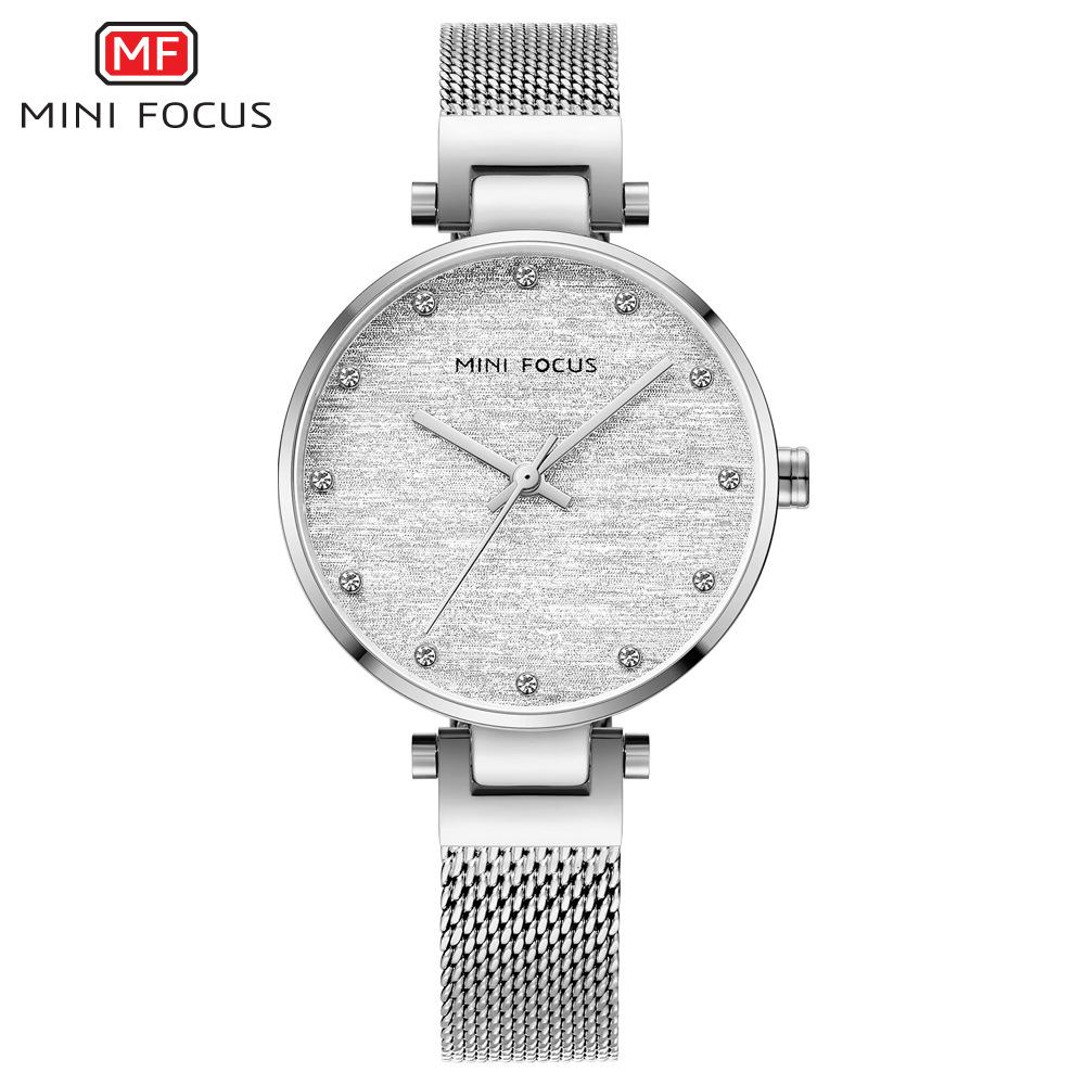 MINI FOCUS Brand Women's Watch Light Luxury Silk Dial Japanese Movement Diamond Waterproof Milan Mesh Band 0328L