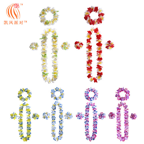 Kai Feng Party Grass Skirt Accessory Hawaiian Colorful Flower Crown 4-Piece Set Stage Performance Decoration Props New Arrival