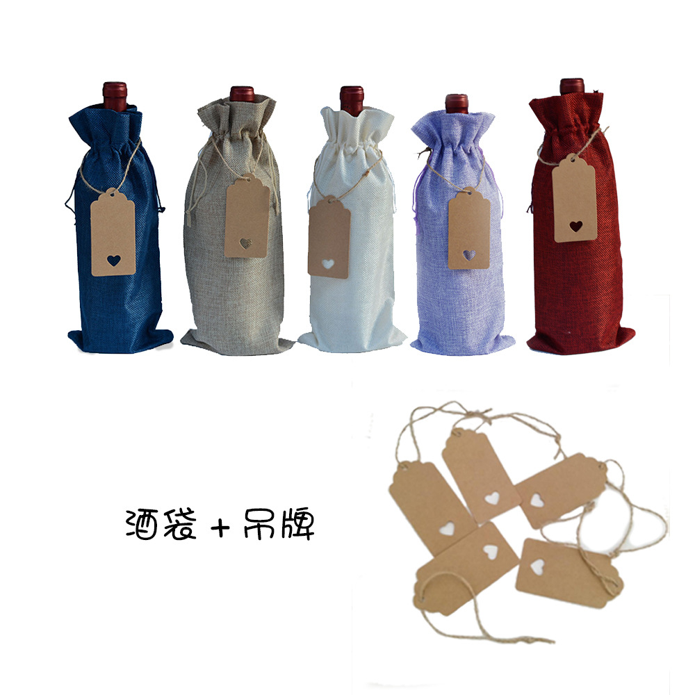 Bolsa de botella de vino tinto 10 piezas bolsa de vino tinto de lino Traje + etiqueta bolsa de embalaje de vino tinto bolsa de cordón de lino en stock