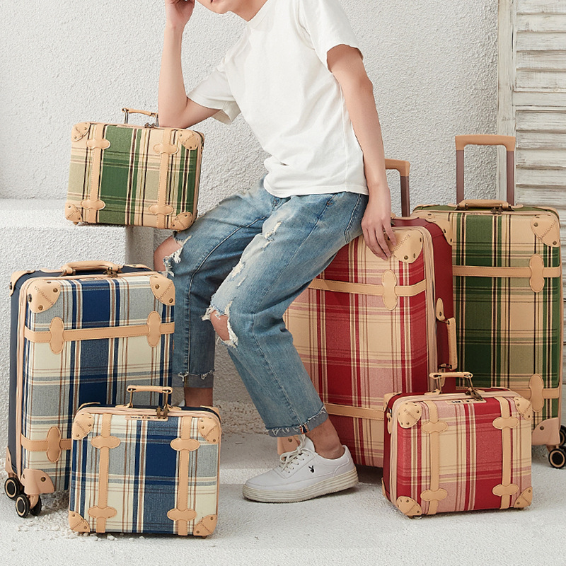 Source Manufacturer Plaid Retro Literary Trolley Suitcase for Men and Women Airplane Wheel Suitcase 20inch Boarding Suitcase