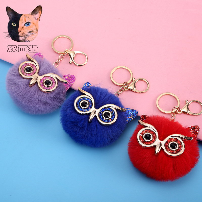金粉亮片大眼睛猫头鹰毛毛球挂件仿獭兔毛女士包包钥匙扣工厂直销
