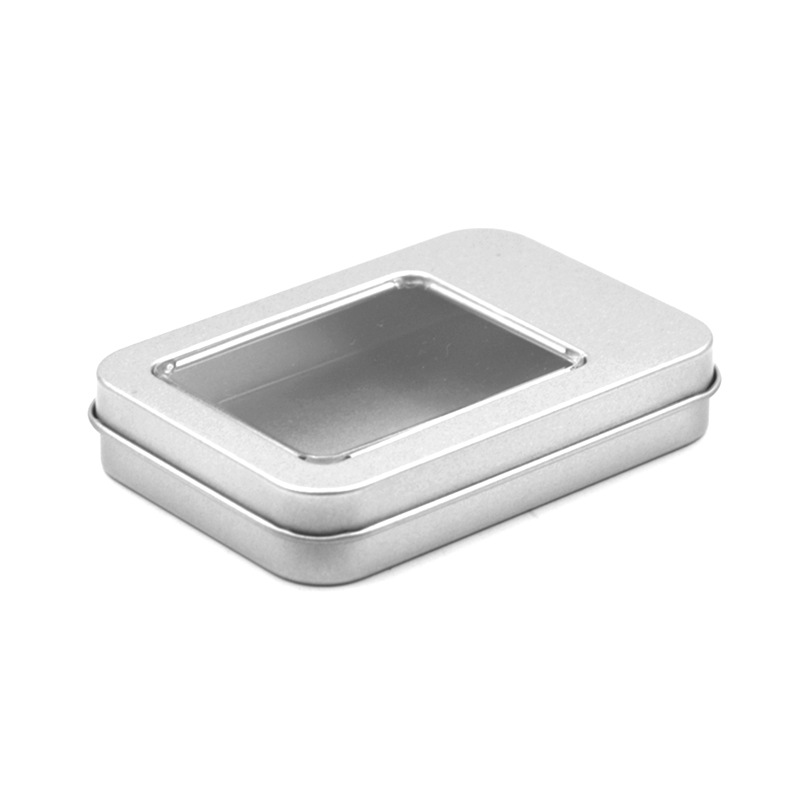 Caja de hierro en stock embalaje caja vacía caja de hojalata rectangular Ventana de PVC multi-tamaño caramelo U-placa caja imprimible logotipo