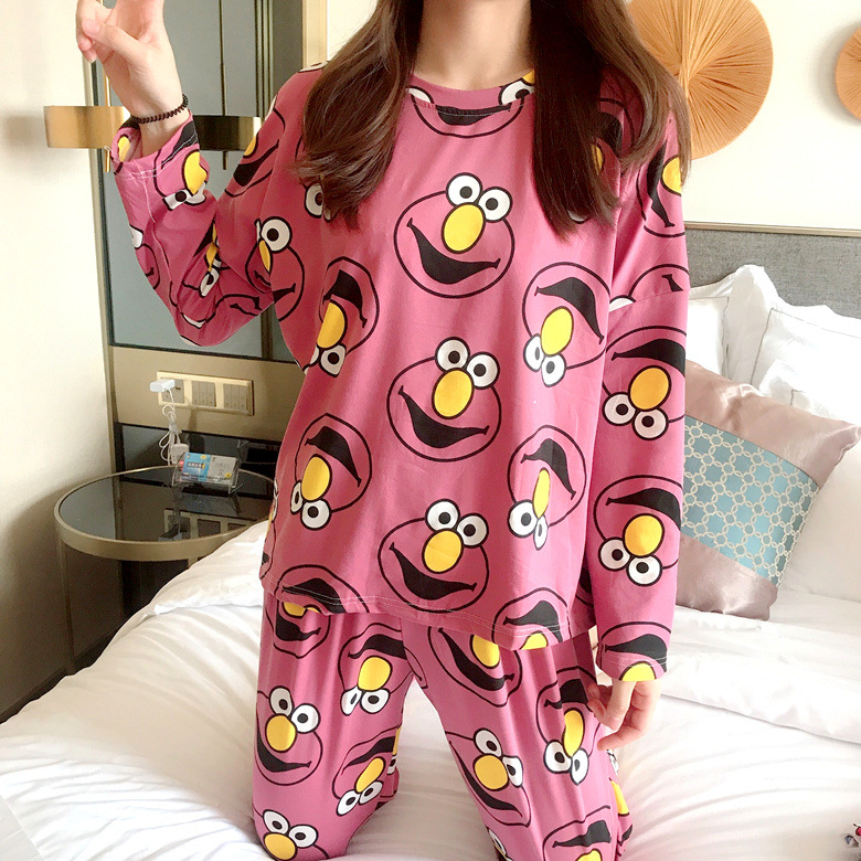 Pijamas de dibujos animados al por mayor para mujer, conjunto de pijama de primavera y otoño con cuello redondo, manga larga y pantalones largos, conjunto de ropa de estar para chicas pequeñas
