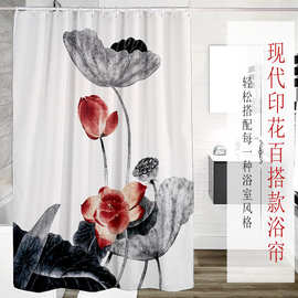 印花防水新中式浴室隔断卫生间遮帘挡浴缸支持LOGO印制荷花图案