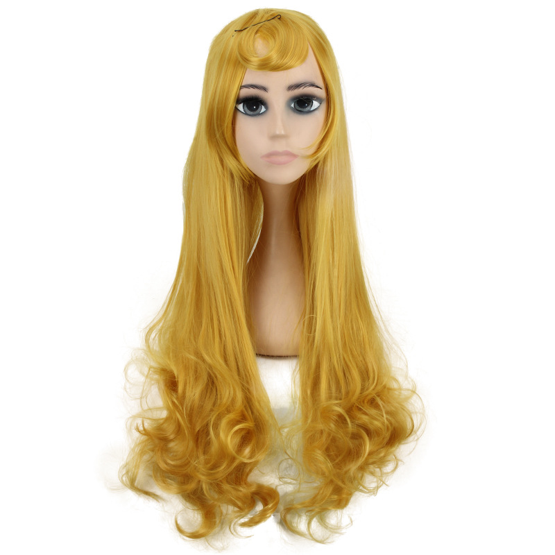 Princesa Alora cos dormir belleza amarillo largo pelo rizado Cosplay anime peluca en stock al por mayor