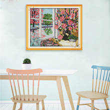欢乐99印花十字绣春意盎然(油画)玫瑰花瓶窗外美景桌布客厅走廊图